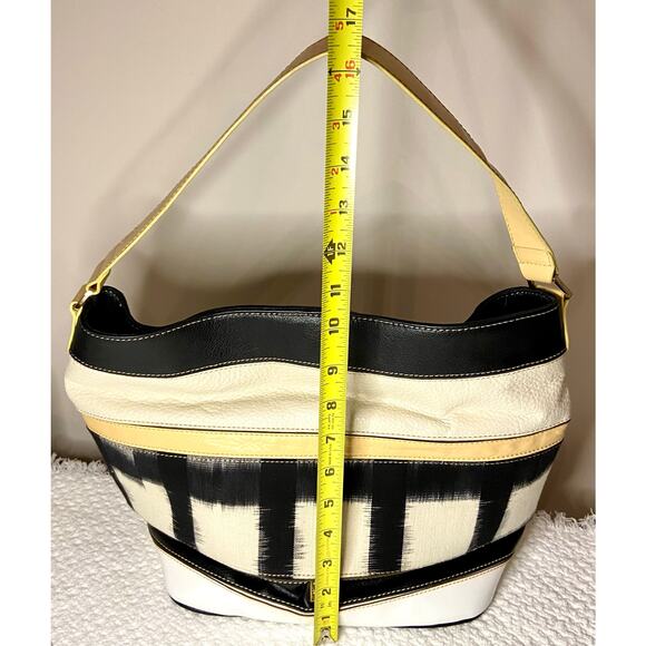 Liz Claiborne Large Shoulder Bag Black Beige Checks Tan - Leather Cotton READ - Picture 13 of 15